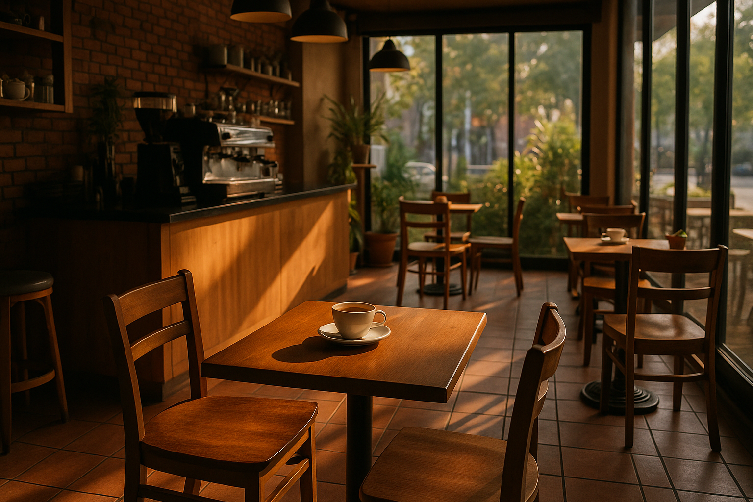 Cozy Austin coffee shop interior bathed in morning sunlight with wooden tables and warm tones, reflecting local café culture