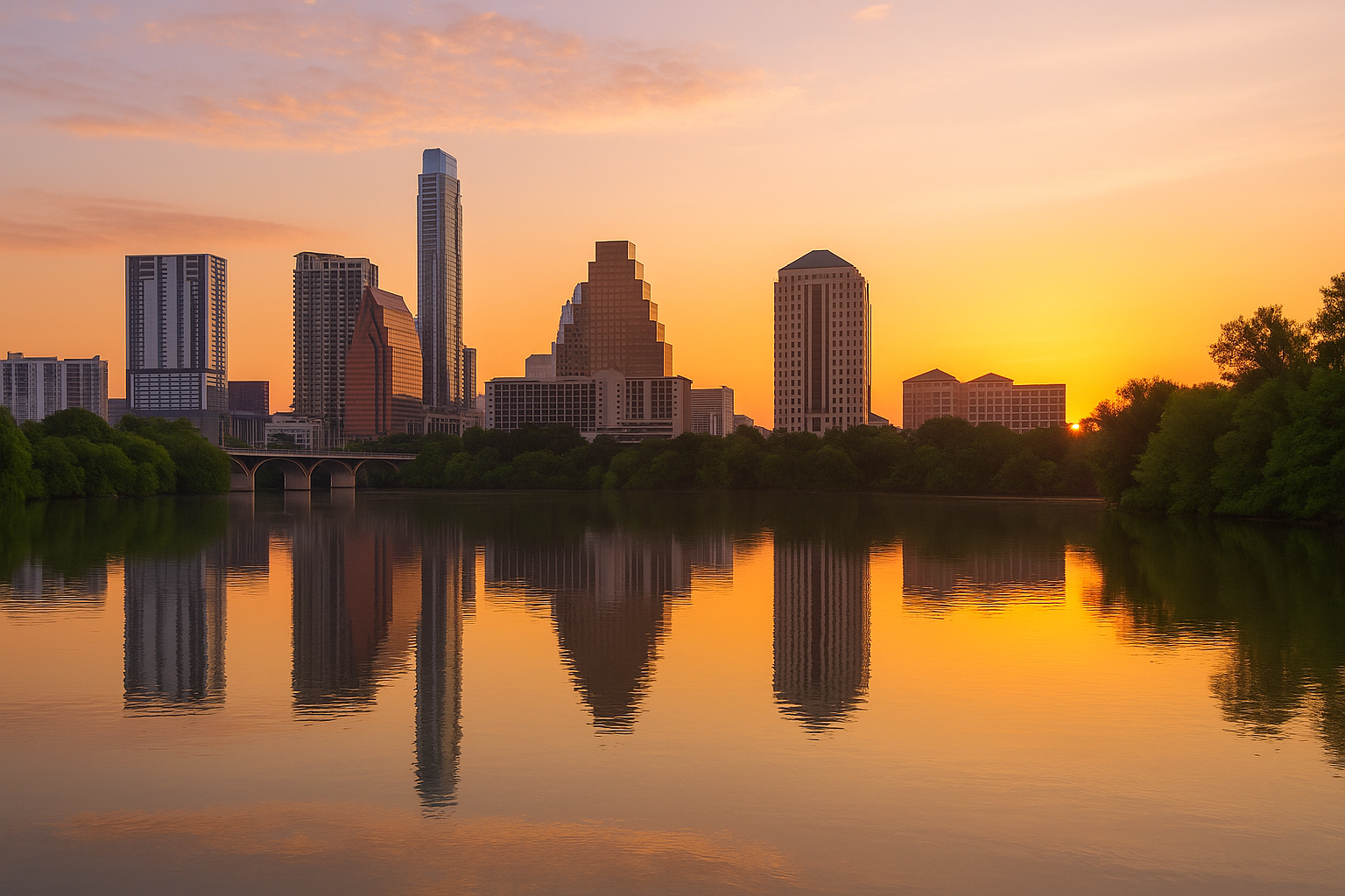 Peaceful sunrise reflecting over Lady Bird Lake in Austin, Texas