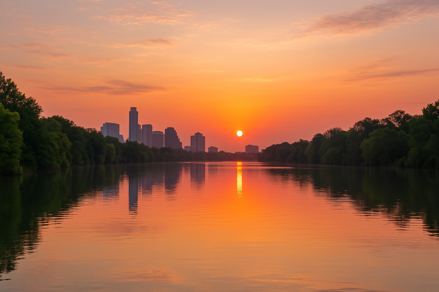 Early morning sunrise over Lady Bird Lake in Austin, Texas with pink and orange sky reflecting on calm water