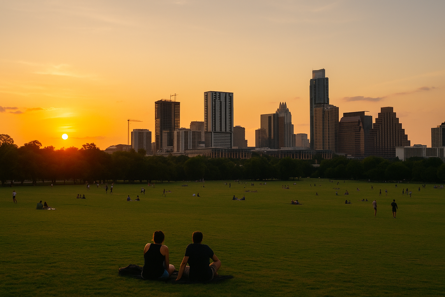Warm sunset over Zilker Park in Austin, Texas with people relaxing and skyline in the background