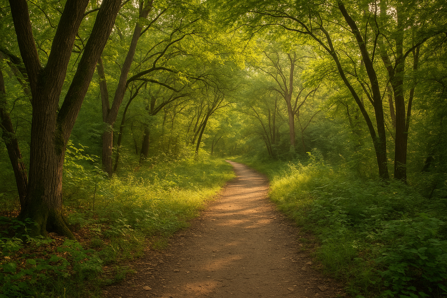 Peaceful walking trail in Austin surrounded by lush green trees and warm morning sunlight filtering through the forest