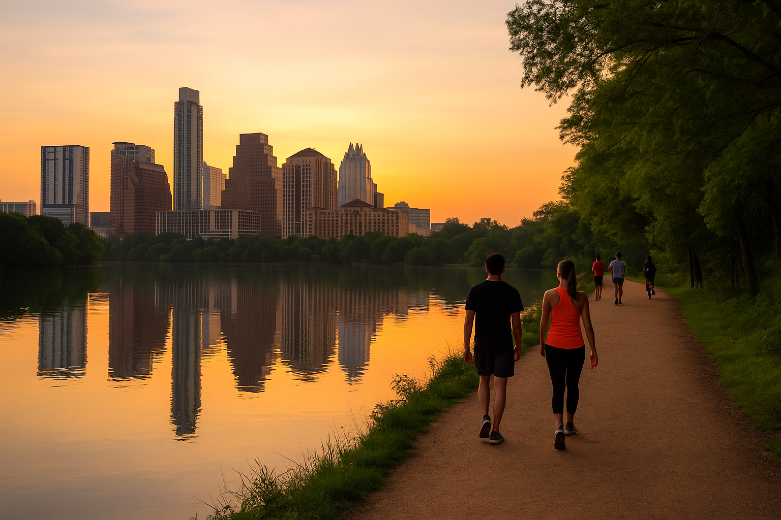 People walking and biking along Lady Bird Lake trail in Austin, Texas during sunrise with city skyline in background