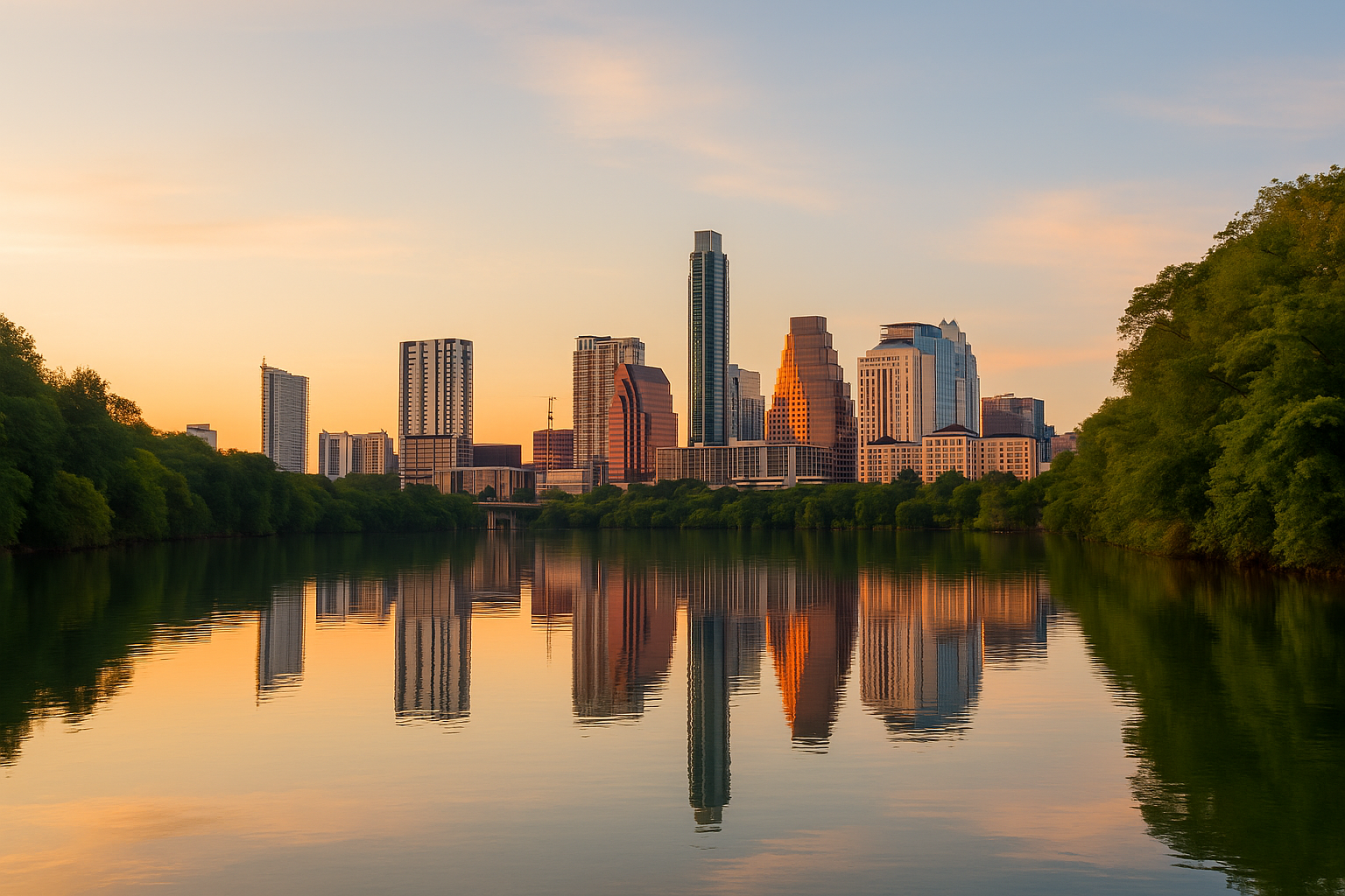 Peaceful Austin skyline at sunrise reflecting on Lady Bird Lake, symbolizing slow living and mindfulness in the city