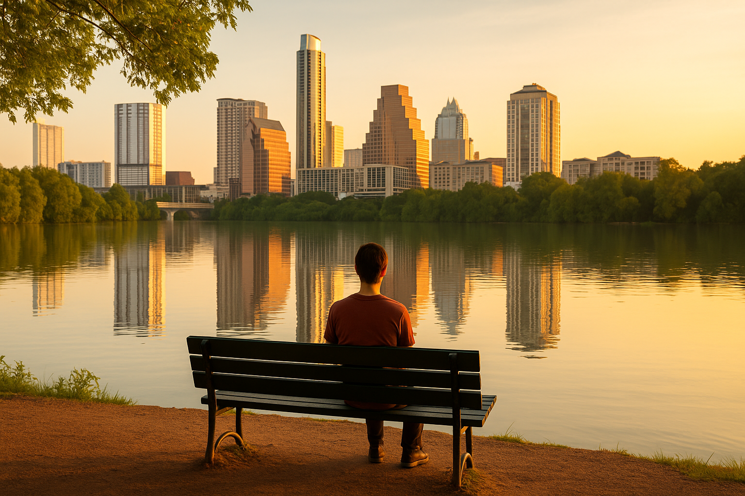 Person sitting on a bench overlooking Lady Bird Lake in Austin, Texas on a calm morning with warm sunlight and city skyline in distance