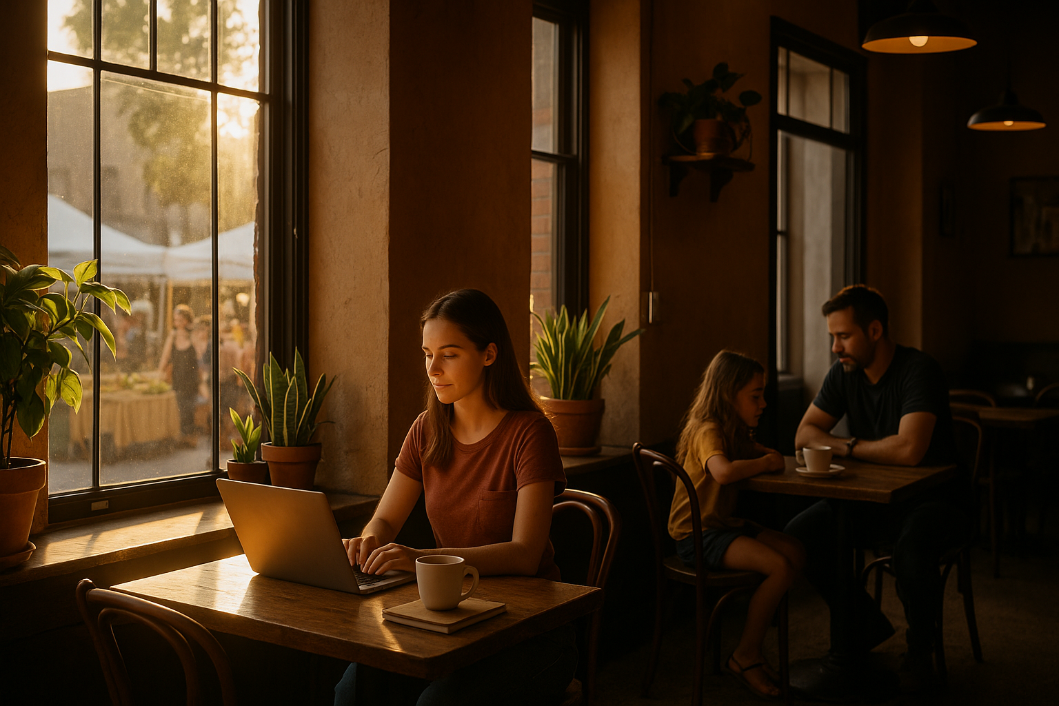 Cozy Austin café with morning light and a nearby farmers market, representing affordable and mindful city living