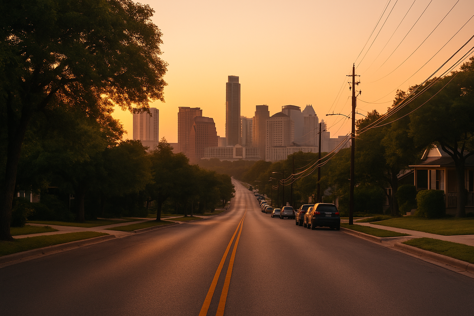 Peaceful Austin street at sunrise with warm golden light and city skyline in the background, reflecting a calm Sunday morning