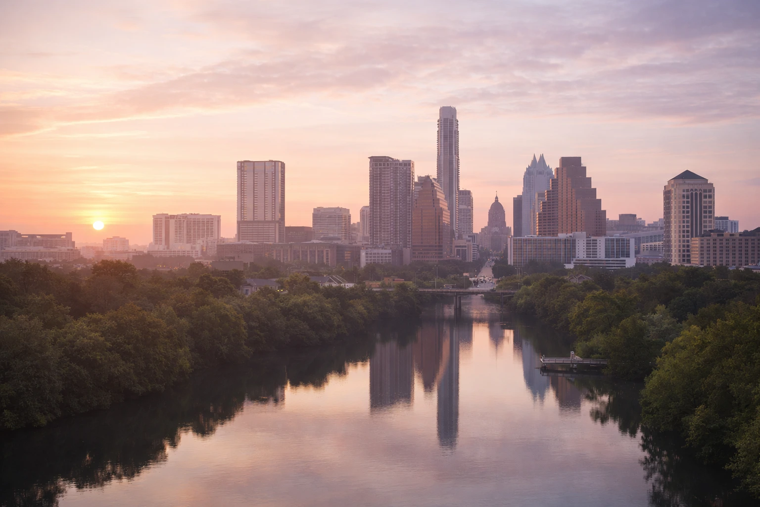 Soft sunrise light over a quiet Austin landscape