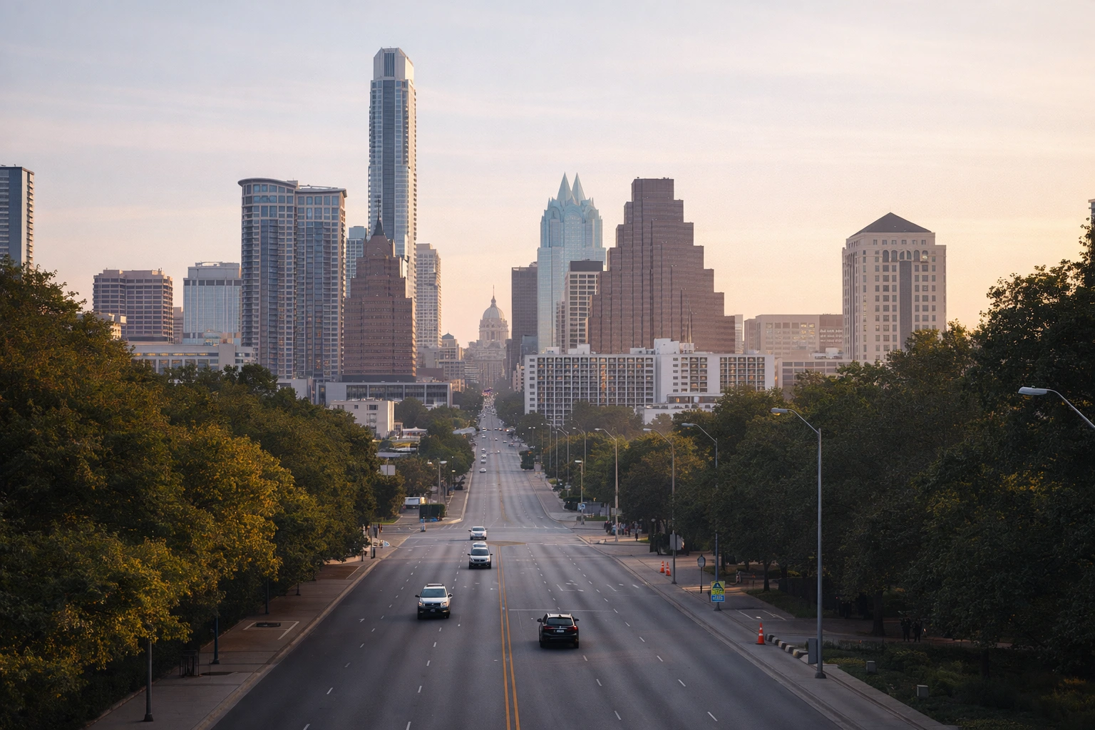 Quiet weekday morning in Austin with light traffic and soft early light